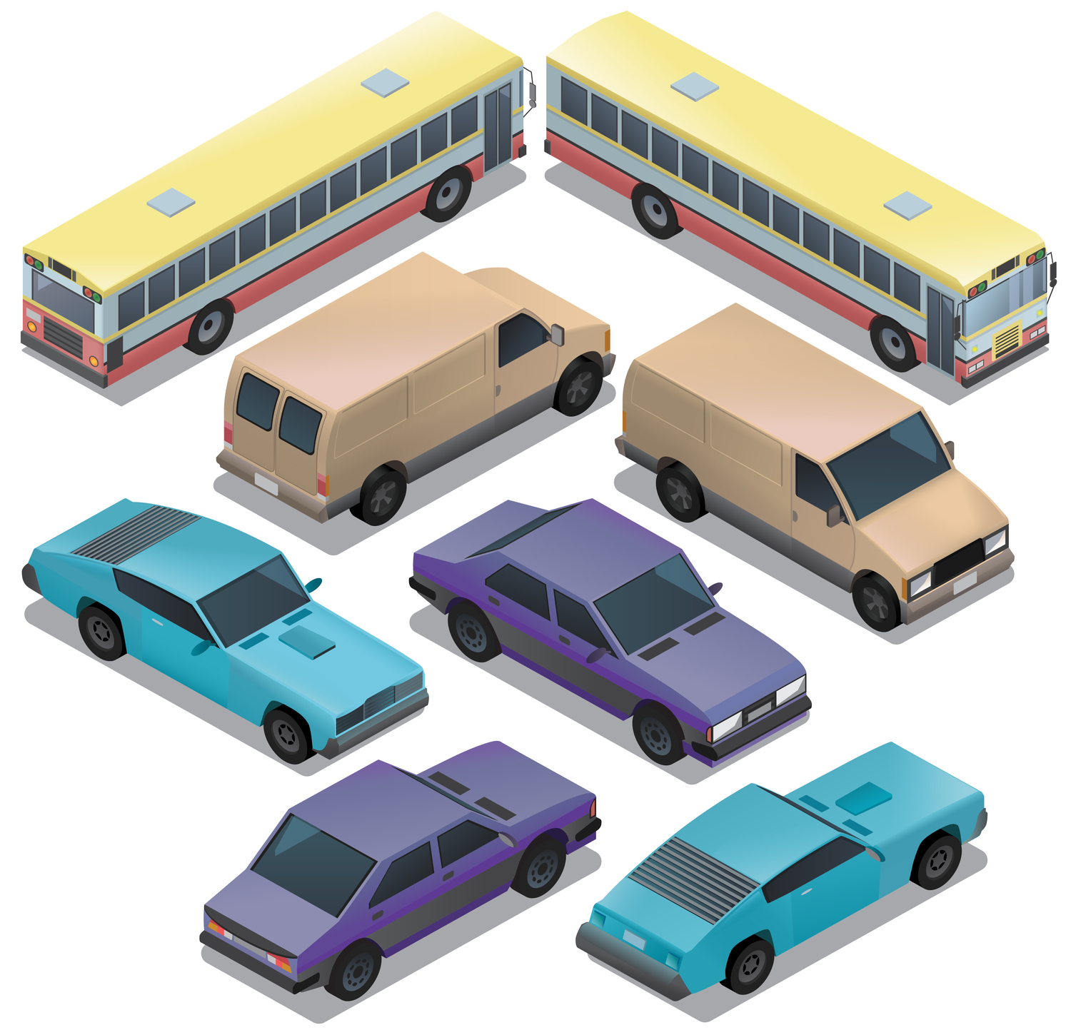 Vector set of isometric urban transportation, cars